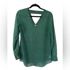 cABI Bountiful Kelly Green and Blue Blouse Chiffon Sheer Long Sleeve Cutout Back